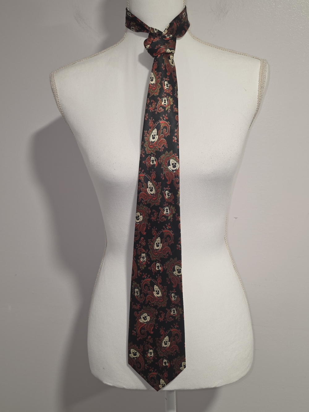 Vintage Disney Mickey Mouse Black and Burgundy Paisley Print Silk Tie